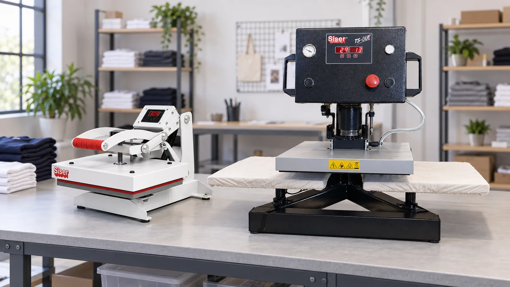 Compact white and dark twin-station heat presses in a workshop — AI illustration based on Siser Craft Heat Press and TS Due images.
